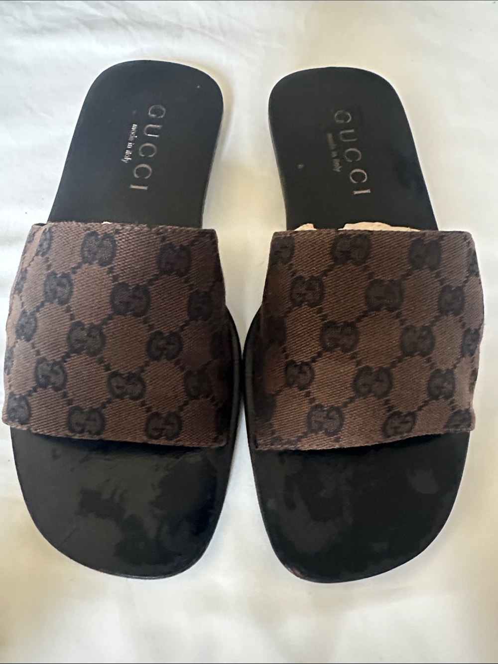 Vintage Gucci Brown Monogram Fabric Slide Sandals 9.5 D